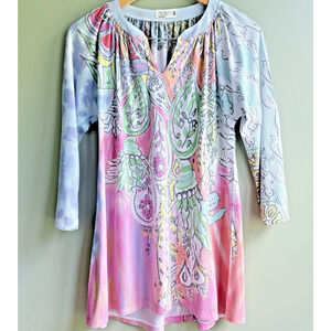 ATELIER5 Colorful Boho Paisley Tie Dye 3/4 Sleeve Tunic Top Sz Small Artsy Bold